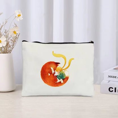Cartoon Little Prince and Fox Makeup Bag Eco Canvas Women Travel Cosmetic Organizer Toilet Pouch Side Bag for Ladies Cute Purse