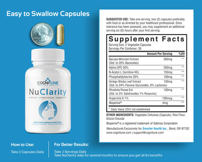 Nuclarity Nootropic Brain Supplement for Memory, Focus & Mental Clarity with Ginkgo Biloba, 60 Capsules